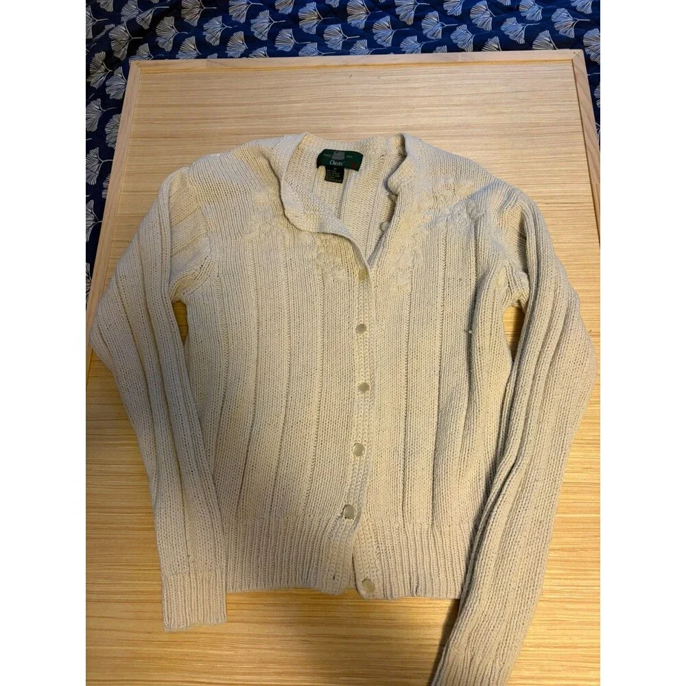 Orvis Women's M Cream Silk Cotton Floral Embroidered Button Cardigan Sweater